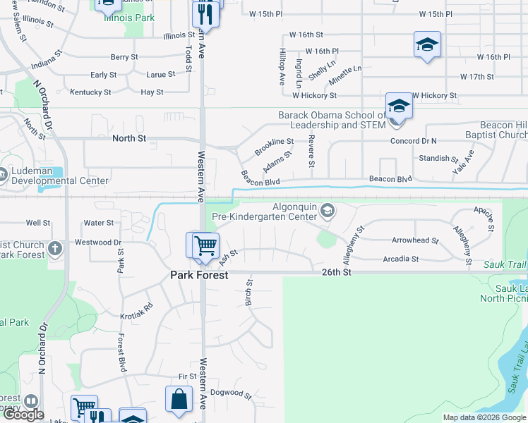 map of restaurants, bars, coffee shops, grocery stores, and more near 130 Algonquin Street in Park Forest