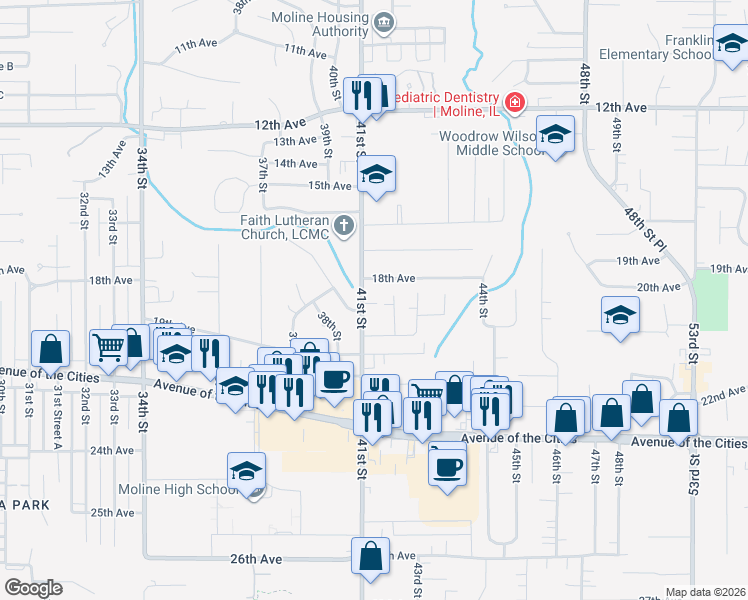 map of restaurants, bars, coffee shops, grocery stores, and more near 1816 40th Street Court in Moline