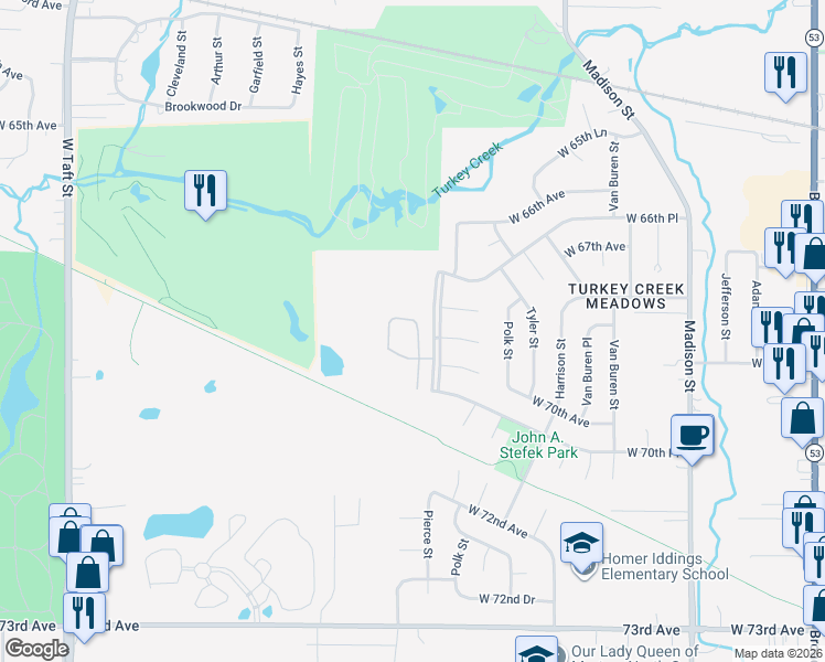 map of restaurants, bars, coffee shops, grocery stores, and more near 6871 Fillmore Drive in Merrillville