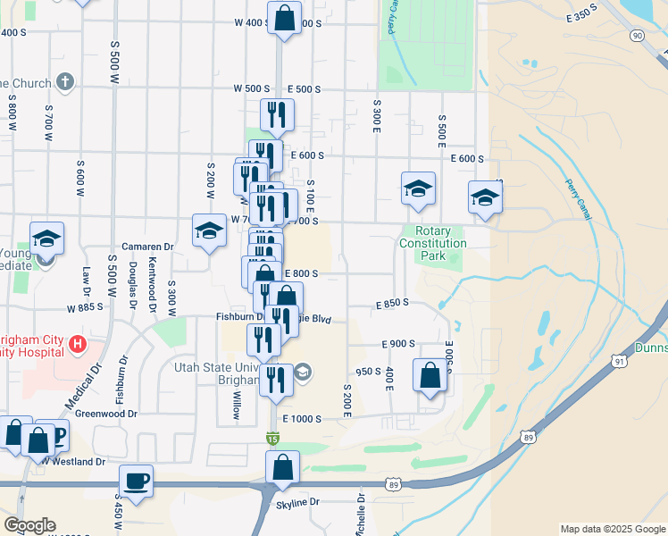 map of restaurants, bars, coffee shops, grocery stores, and more near 747 South Main Street in Brigham City