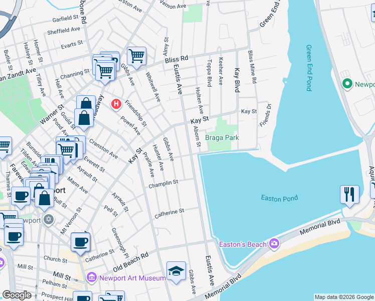 map of restaurants, bars, coffee shops, grocery stores, and more near 1 Aborn Street in Newport