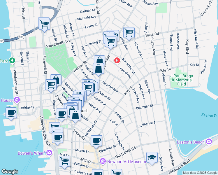 map of restaurants, bars, coffee shops, grocery stores, and more near 26 Cranston Avenue in Newport