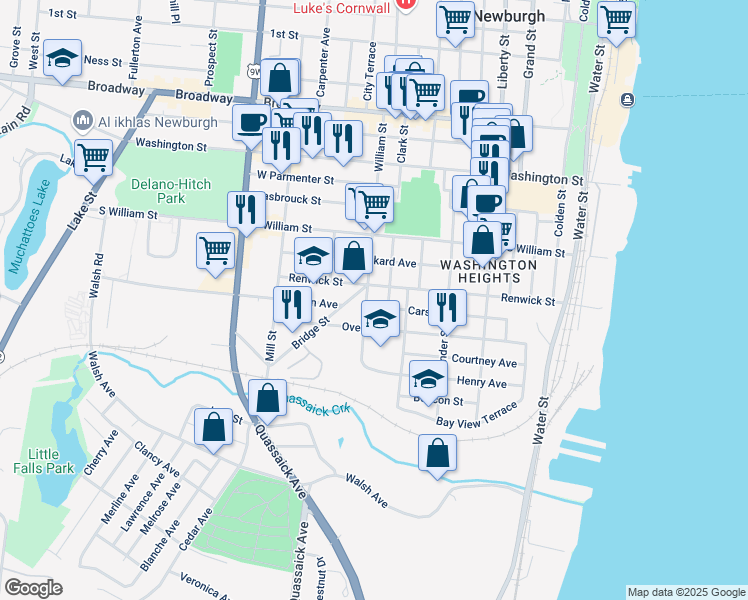map of restaurants, bars, coffee shops, grocery stores, and more near 142 South Clark Street in Newburgh