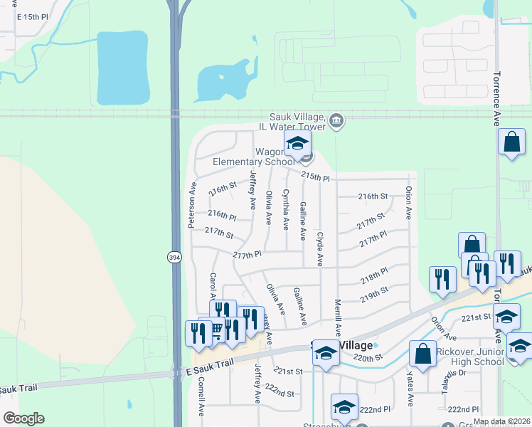 map of restaurants, bars, coffee shops, grocery stores, and more near 21635 Olivia Avenue in Sauk Village