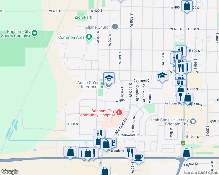 map of restaurants, bars, coffee shops, grocery stores, and more near 830 Law Drive in Brigham City