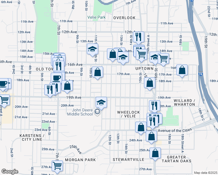 map of restaurants, bars, coffee shops, grocery stores, and more near 1813 12th Street in Moline