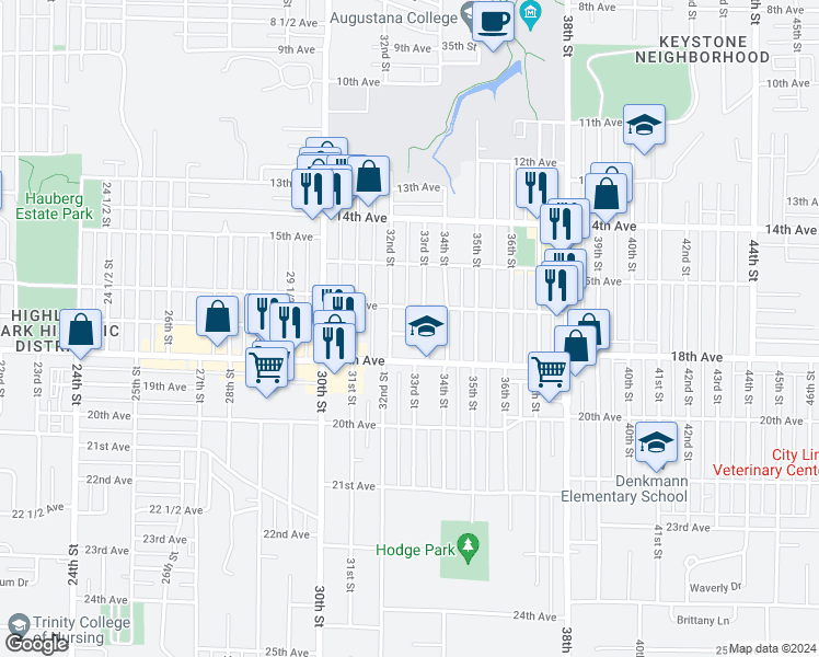 map of restaurants, bars, coffee shops, grocery stores, and more near 3217 17th Avenue in Rock Island