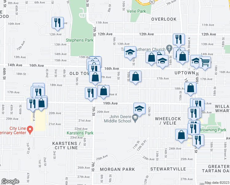 map of restaurants, bars, coffee shops, grocery stores, and more near 841 18th Avenue A in Moline