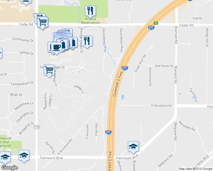 map of restaurants, bars, coffee shops, grocery stores, and more near 27070 David Myers Parkway in Beachwood