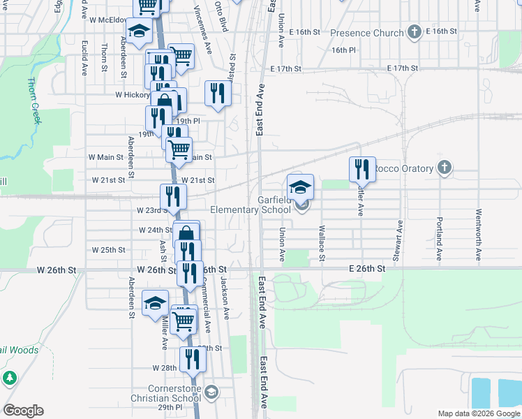 map of restaurants, bars, coffee shops, grocery stores, and more near 89 East 23rd Street in Chicago Heights