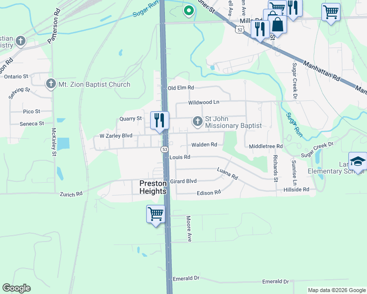 map of restaurants, bars, coffee shops, grocery stores, and more near 1604 Moore Avenue in Joliet