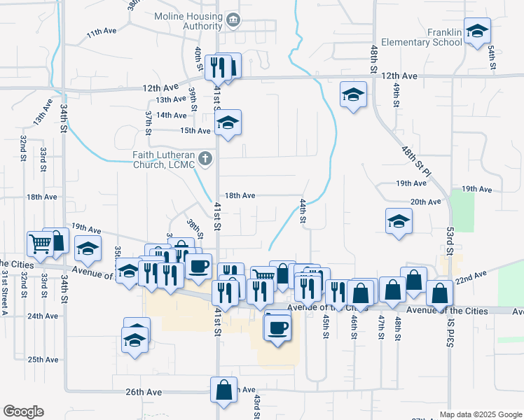 map of restaurants, bars, coffee shops, grocery stores, and more near 1814 43rd Street in Moline