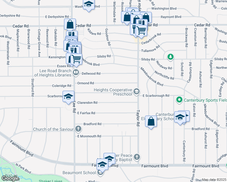 map of restaurants, bars, coffee shops, grocery stores, and more near 3349 East Scarborough Road in Cleveland Heights