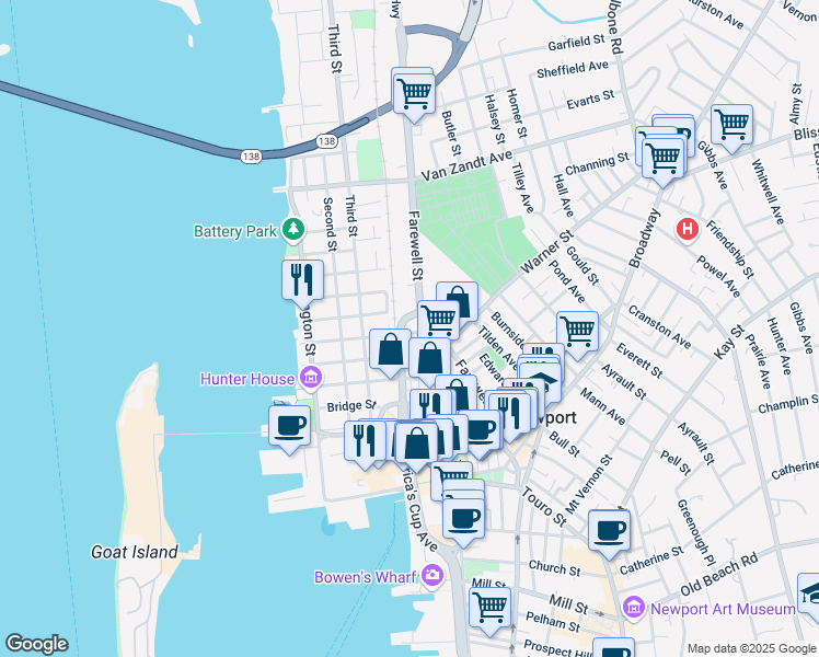 map of restaurants, bars, coffee shops, grocery stores, and more near 1 Willow Street in Newport