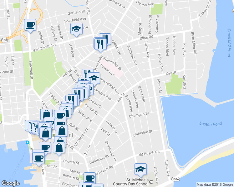 map of restaurants, bars, coffee shops, grocery stores, and more near 39 Rhode Island Avenue in Newport