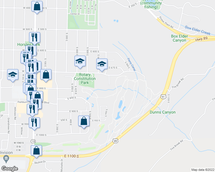 map of restaurants, bars, coffee shops, grocery stores, and more near 760 South 725 East in Brigham City