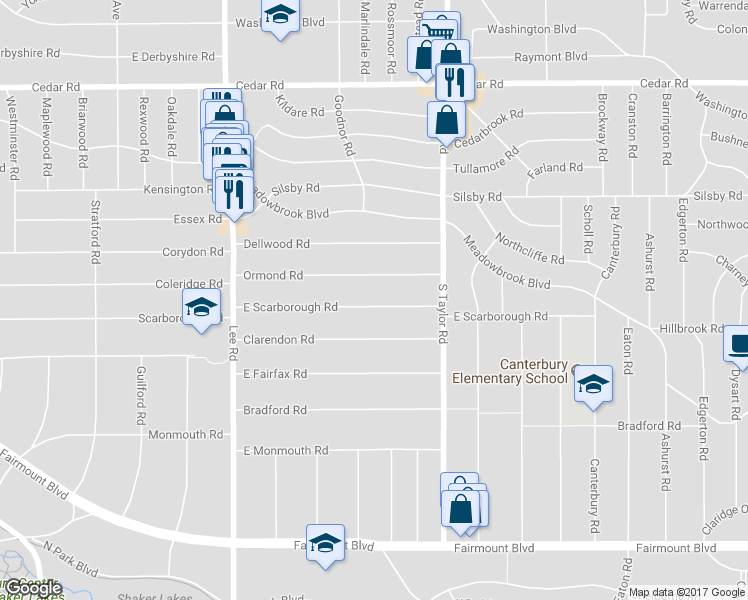 map of restaurants, bars, coffee shops, grocery stores, and more near 3363 East Scarborough Road in Cleveland Heights