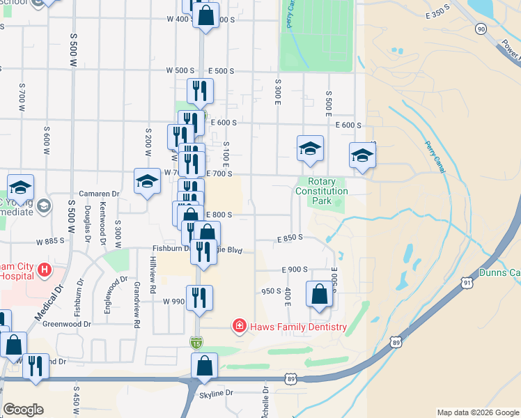 map of restaurants, bars, coffee shops, grocery stores, and more near 295 East 800 South in Brigham City