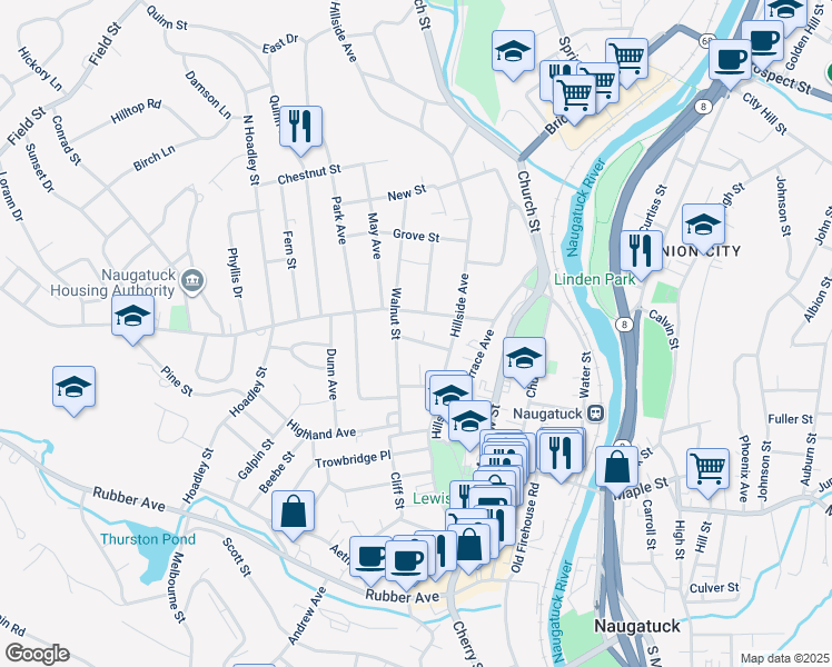 map of restaurants, bars, coffee shops, grocery stores, and more near 29 Sweeney Street in Naugatuck