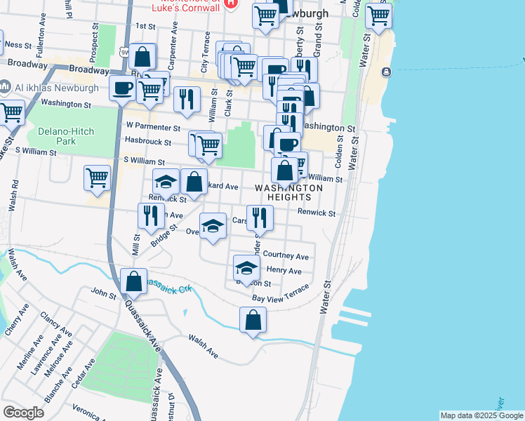 map of restaurants, bars, coffee shops, grocery stores, and more near 121 Renwick Street in Newburgh