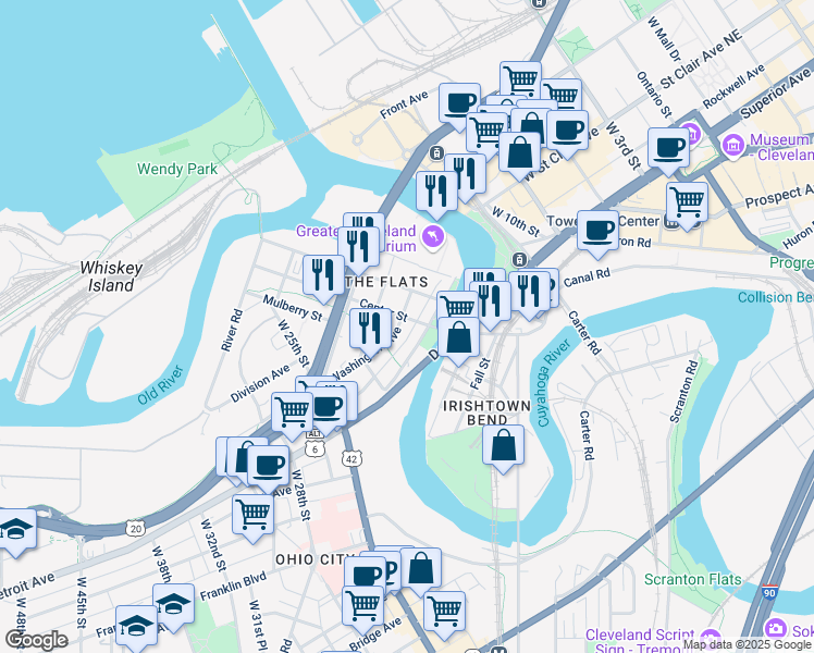 map of restaurants, bars, coffee shops, grocery stores, and more near 2019 Center Street in Cleveland