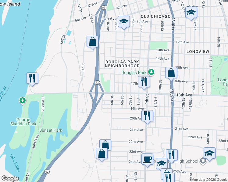 map of restaurants, bars, coffee shops, grocery stores, and more near 1724 5th Street in Moline
