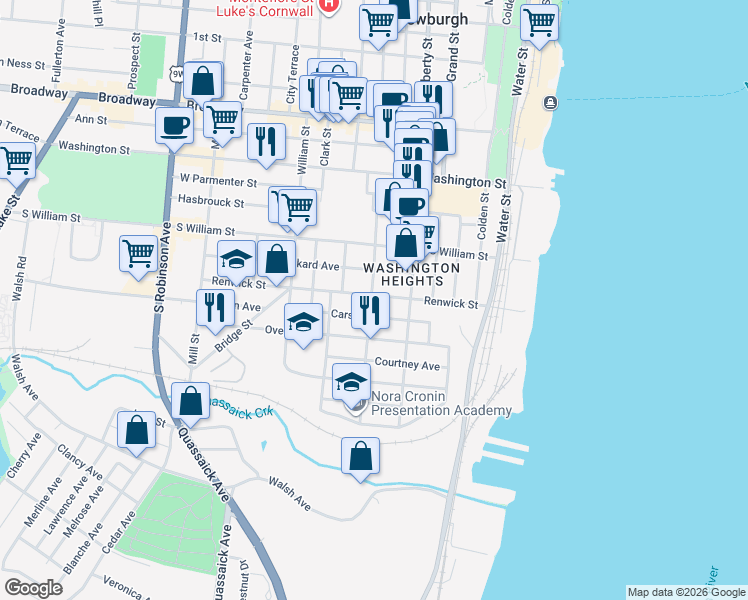 map of restaurants, bars, coffee shops, grocery stores, and more near 121 Renwick Street in Newburgh