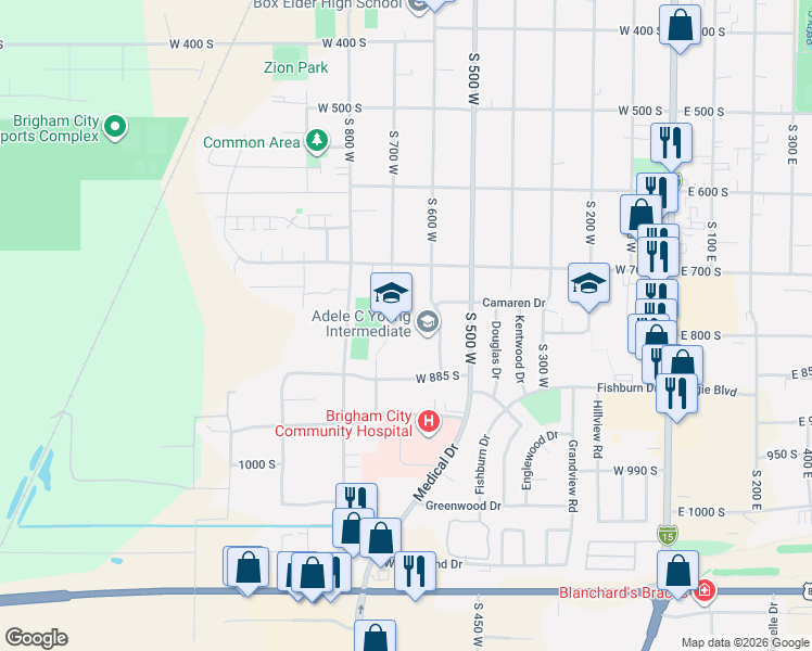 map of restaurants, bars, coffee shops, grocery stores, and more near 630 Law Drive in Brigham City