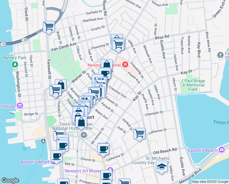 map of restaurants, bars, coffee shops, grocery stores, and more near 26 Cranston Avenue in Newport