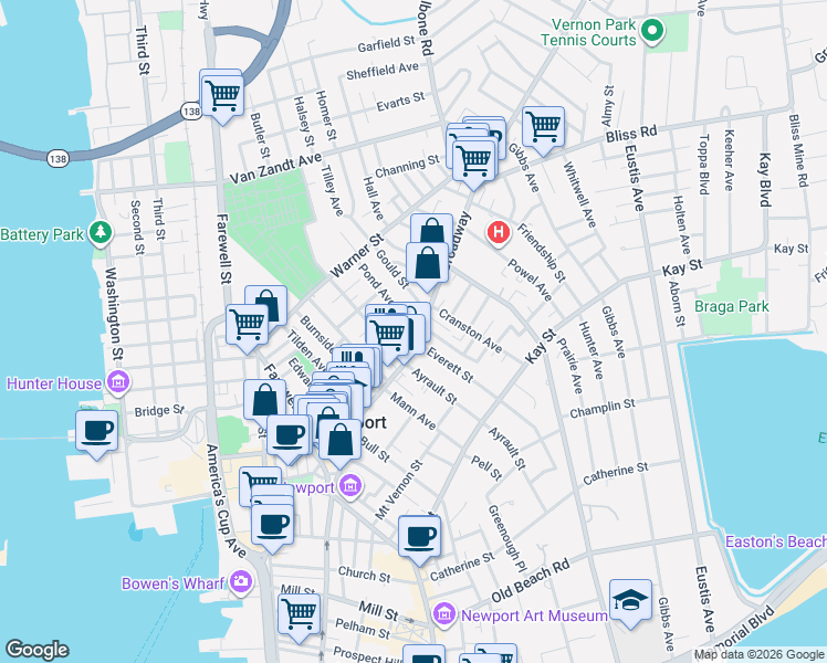 map of restaurants, bars, coffee shops, grocery stores, and more near 2 Pond Avenue in Newport