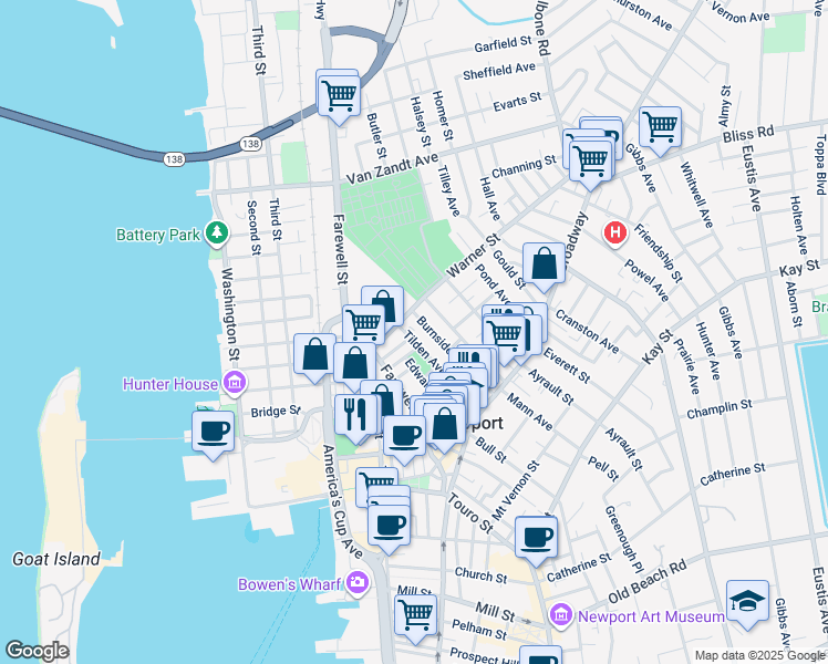 map of restaurants, bars, coffee shops, grocery stores, and more near 80 Tilden Avenue in Newport