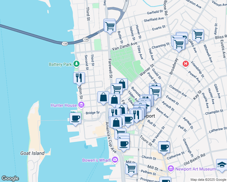 map of restaurants, bars, coffee shops, grocery stores, and more near in Newport