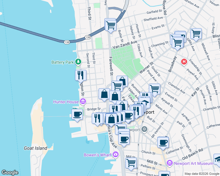 map of restaurants, bars, coffee shops, grocery stores, and more near 1 Willow Street in Newport
