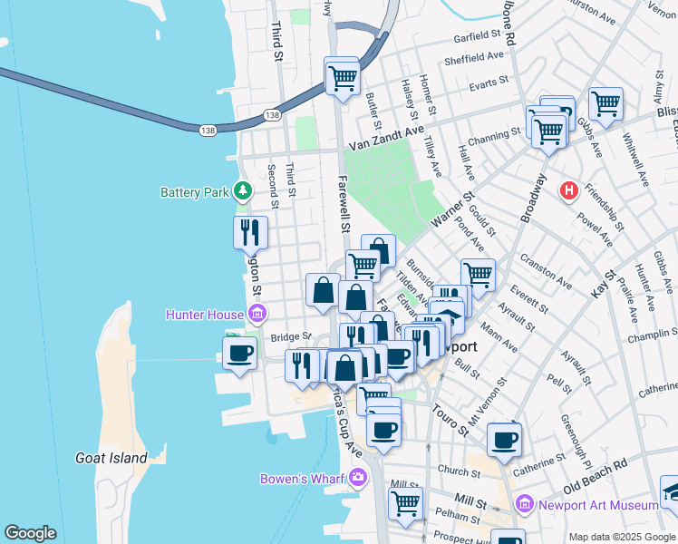 map of restaurants, bars, coffee shops, grocery stores, and more near 1 Willow Street in Newport