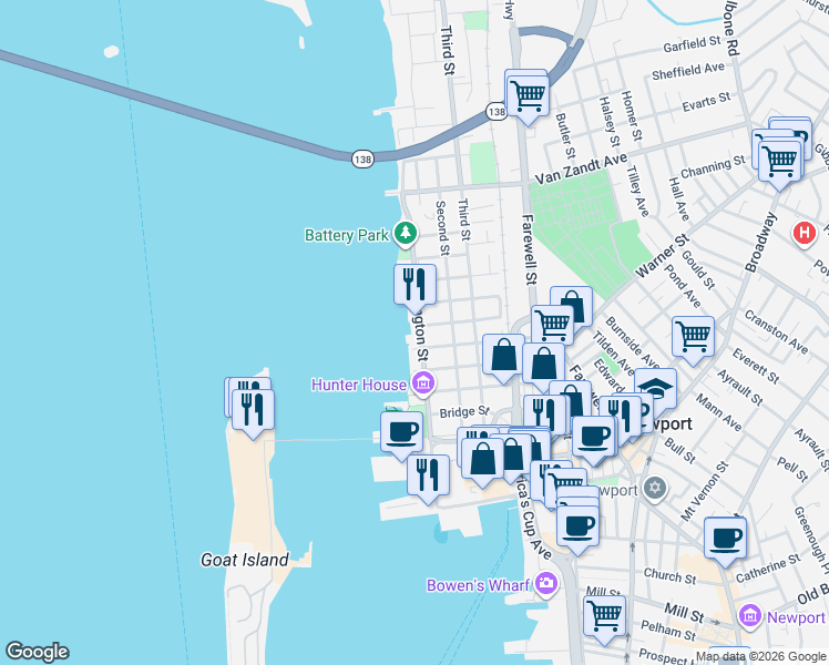 map of restaurants, bars, coffee shops, grocery stores, and more near 78 Washington Street in Newport