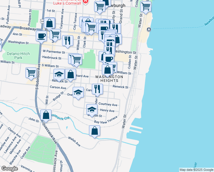 map of restaurants, bars, coffee shops, grocery stores, and more near 85 Renwick Street in Newburgh