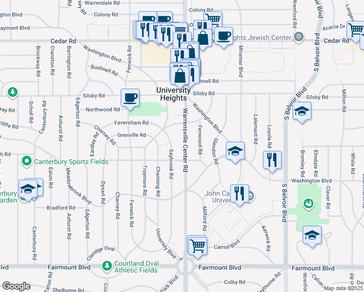 map of restaurants, bars, coffee shops, grocery stores, and more near 2393 Saybrook Road in University Heights