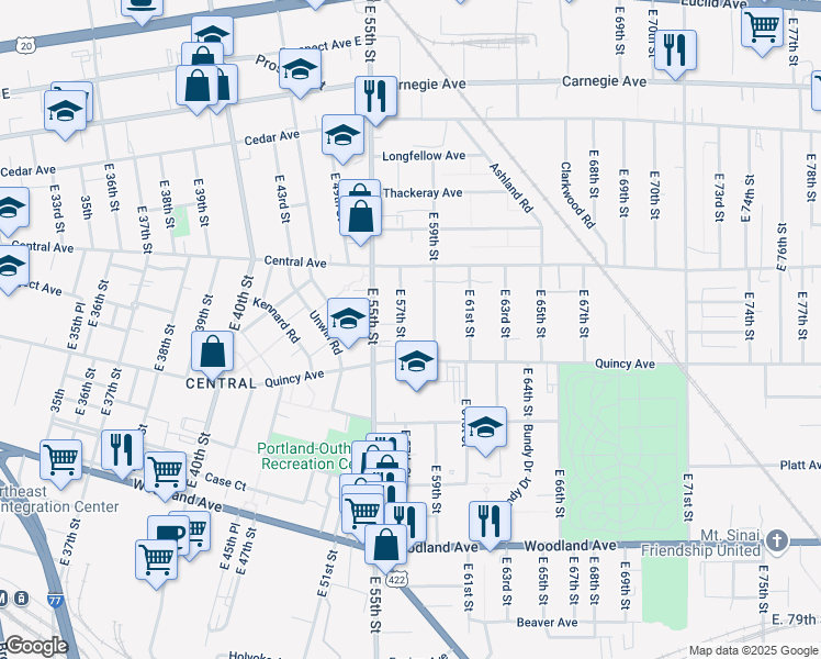 map of restaurants, bars, coffee shops, grocery stores, and more near 2352 East 59th Street in Cleveland