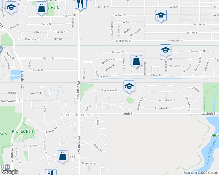 map of restaurants, bars, coffee shops, grocery stores, and more near 130 Algonquin Street in Park Forest