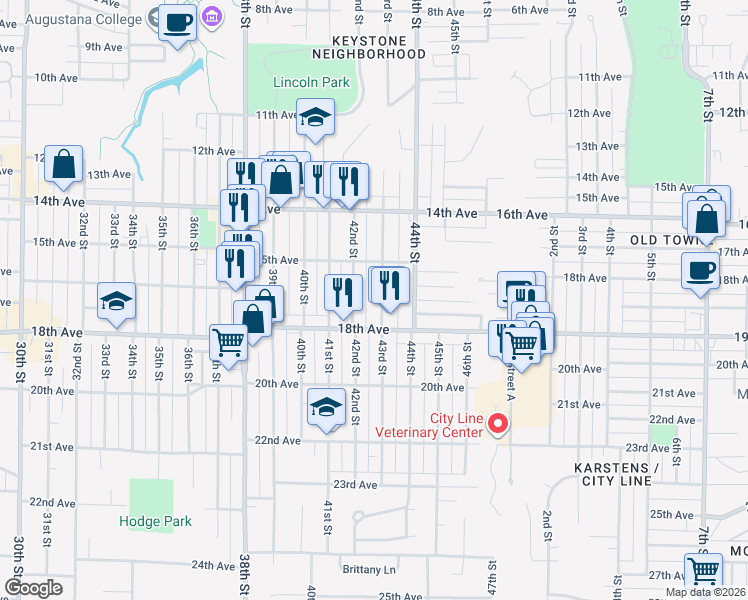 map of restaurants, bars, coffee shops, grocery stores, and more near 1537 43rd Street in Rock Island
