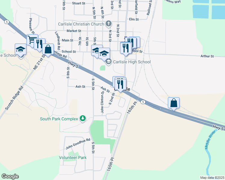 map of restaurants, bars, coffee shops, grocery stores, and more near 225 Ash Street in Carlisle