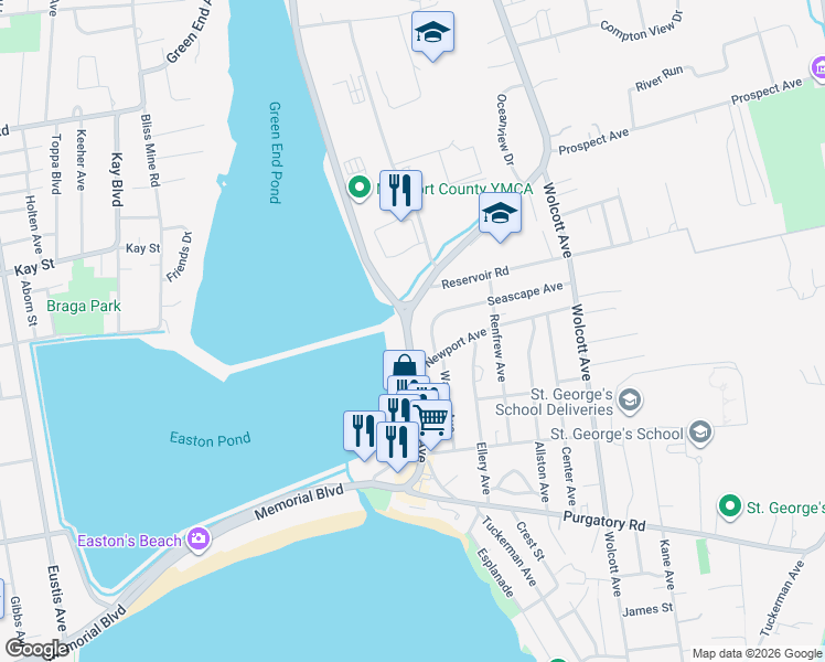 map of restaurants, bars, coffee shops, grocery stores, and more near 193A Aquidneck Avenue in Middletown