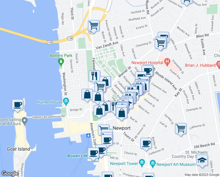 map of restaurants, bars, coffee shops, grocery stores, and more near 80 Tilden Avenue in Newport