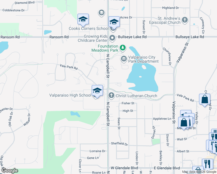 map of restaurants, bars, coffee shops, grocery stores, and more near 3020 Campbell Street in Valparaiso