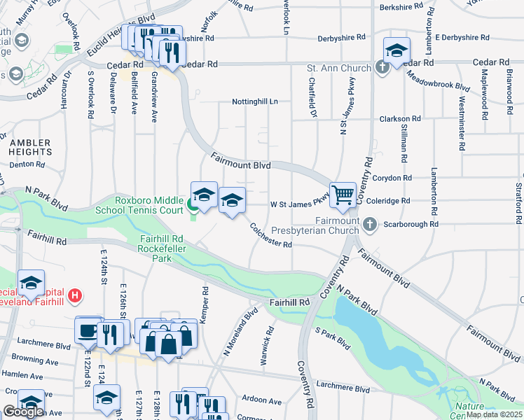 map of restaurants, bars, coffee shops, grocery stores, and more near 2612 West Saint James Parkway in Cleveland Heights