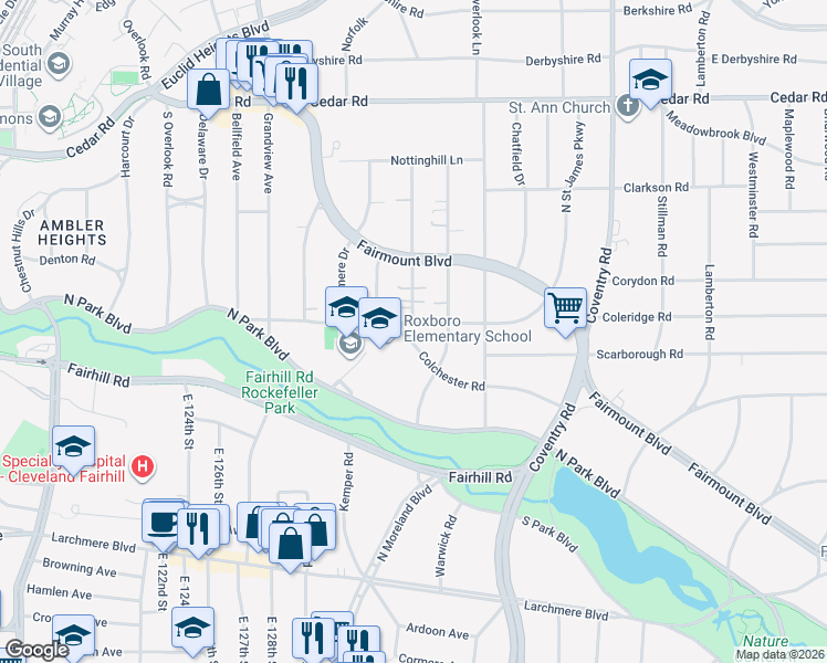 map of restaurants, bars, coffee shops, grocery stores, and more near 2582 West Saint James Parkway in Cleveland Heights