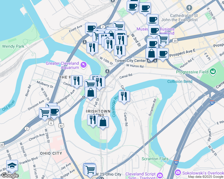 map of restaurants, bars, coffee shops, grocery stores, and more near 4447 West Street in Cleveland