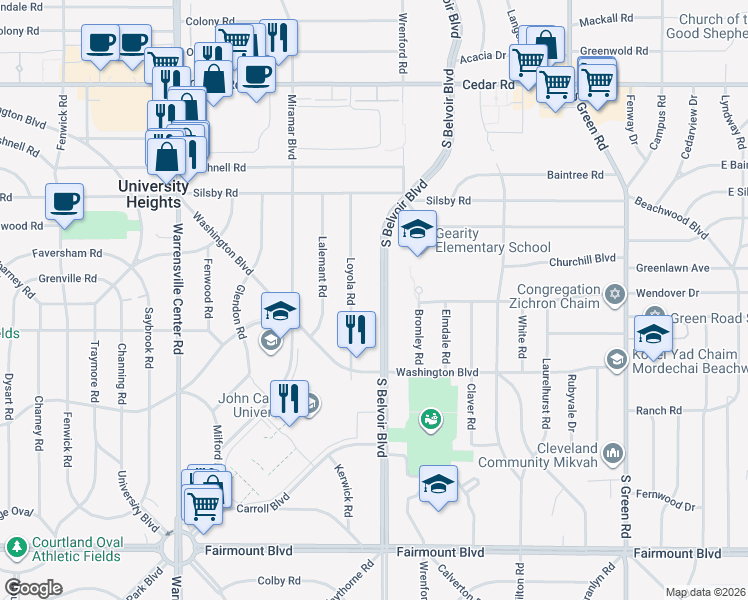map of restaurants, bars, coffee shops, grocery stores, and more near 2392 South Belvoir Boulevard in University Heights
