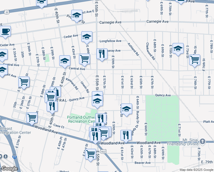 map of restaurants, bars, coffee shops, grocery stores, and more near 2352 East 59th Street in Cleveland