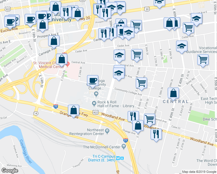 map of restaurants, bars, coffee shops, grocery stores, and more near 2921 Community College Avenue in Cleveland